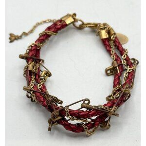 Vintage red leather braided safety pin bracelet